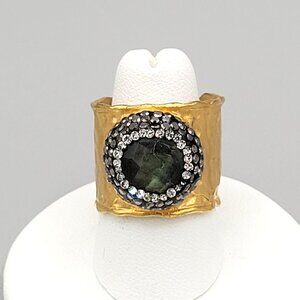 Hammered Gold Tone Ring Tourmaline Stone With Crystals Studded Open Band Size 8